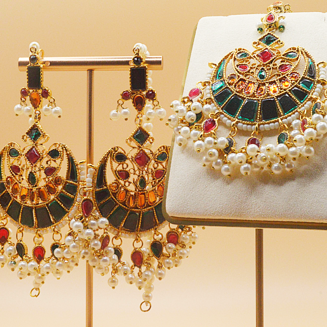 Rihana Kundan Earrings & Teeka Set