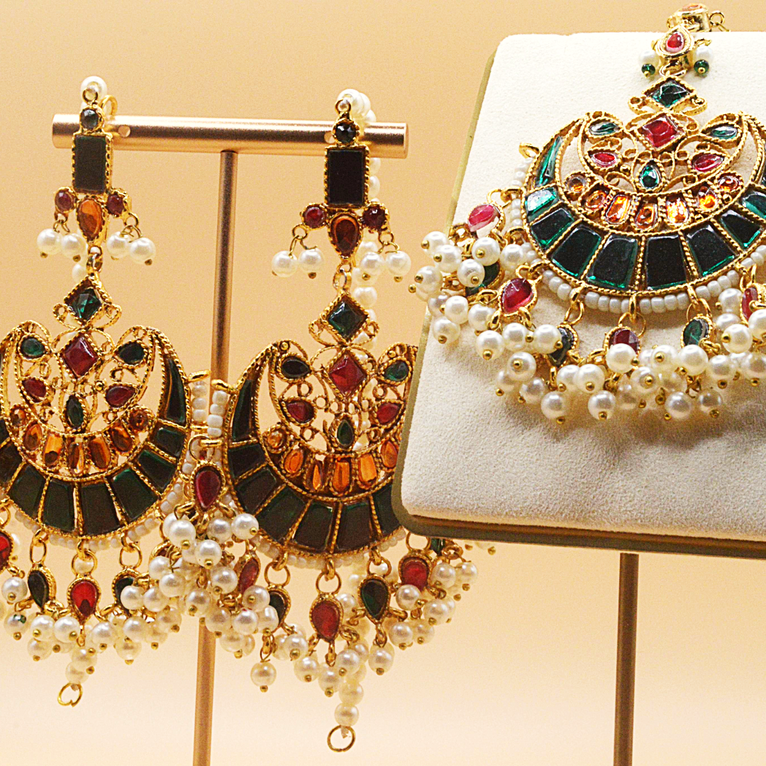Rihana Kundan Earrings & Teeka Set