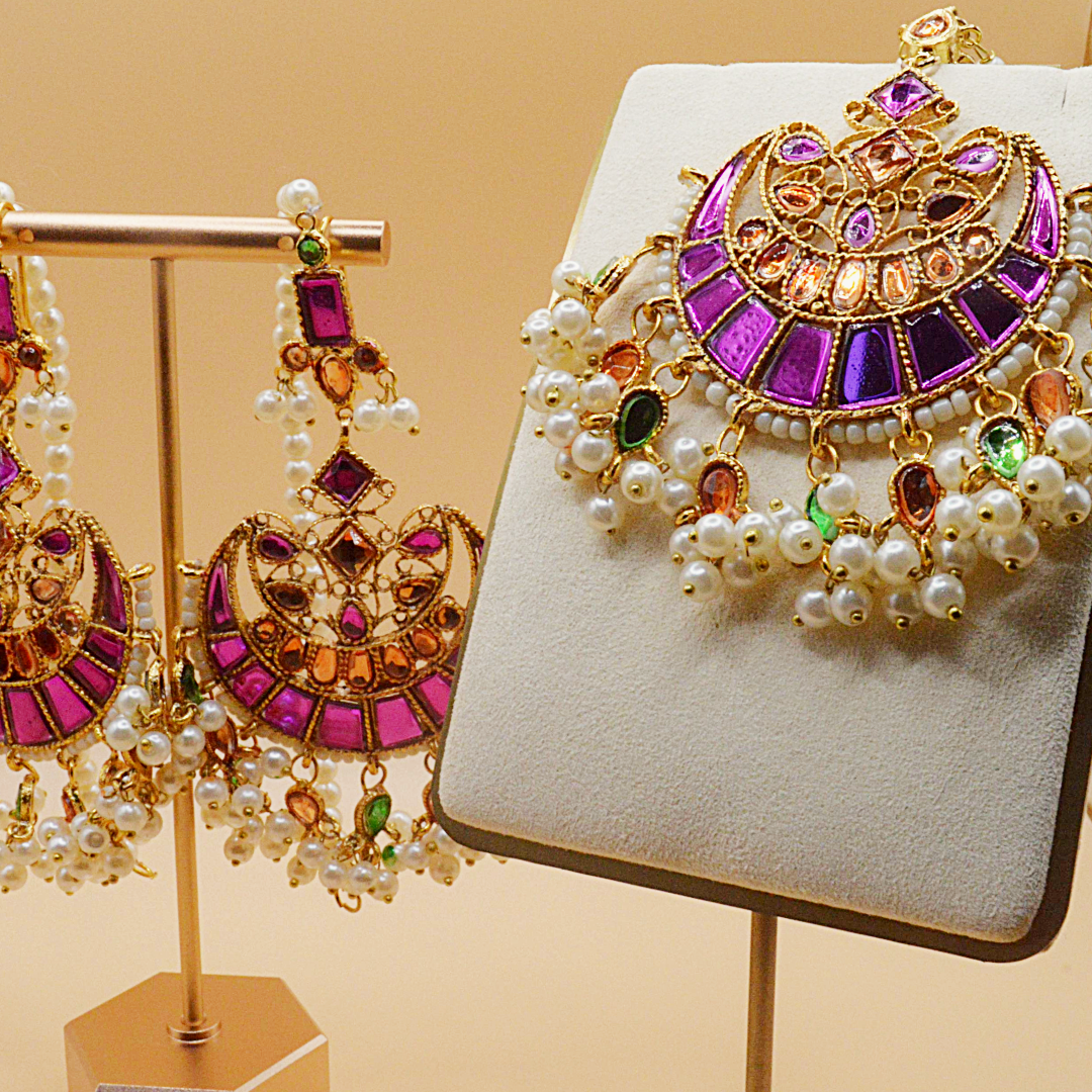 Rihana Kundan Earrings & Teeka Set