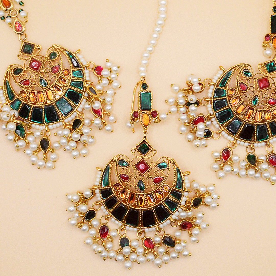 Rihana Kundan Earrings & Teeka Set