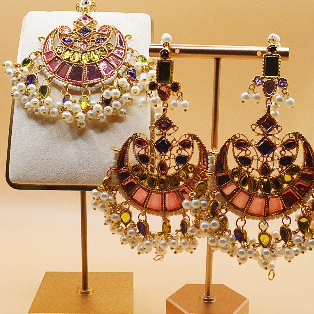Rihana Kundan Earrings & Teeka Set